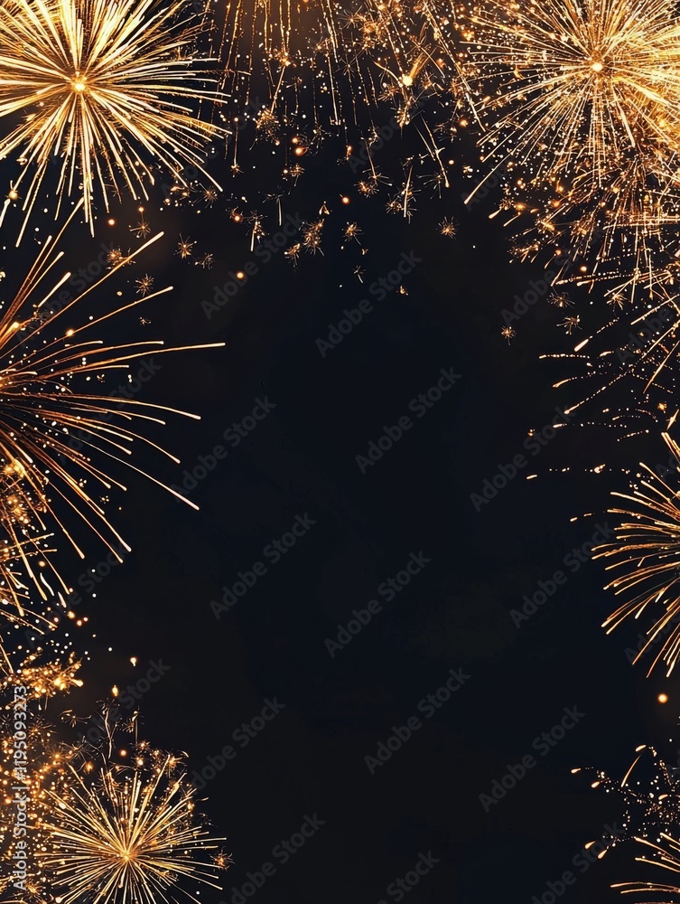 Poster golden fireworks on a black backdrop with space for text, including a border and frame