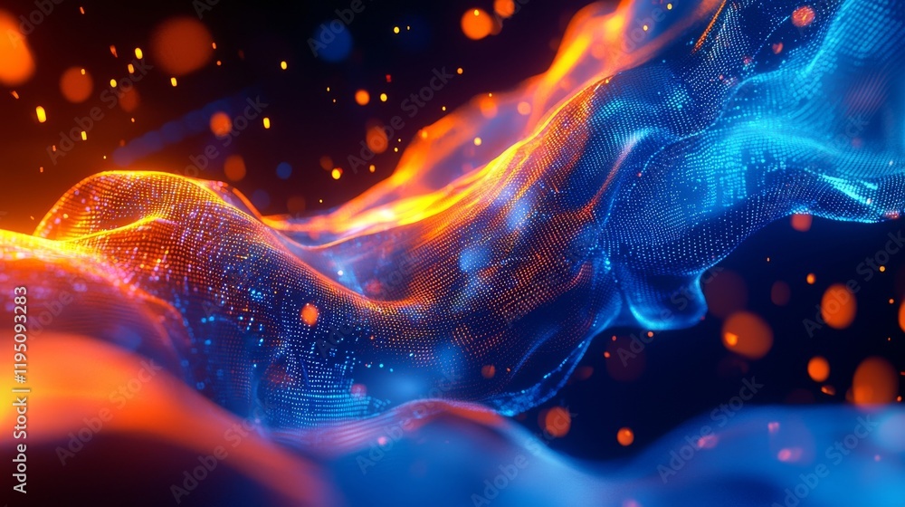 Poster orange and blue data currents weave through cyberspace, crafting a high-tech scene with rapid inform
