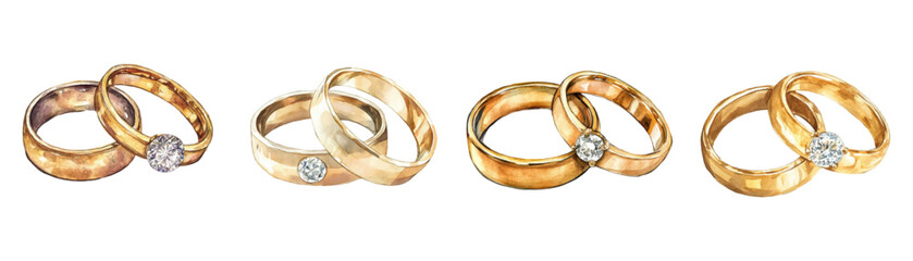 Watercolor set of wedding rings png. Classic gold wedding rings, the bride's ring is decorated with a diamond in the center. The concept of wedding, painting.wedding ceremony.