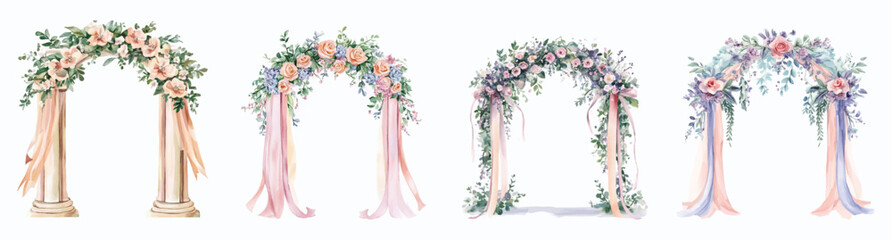 Watercolor set of veil arches decorated with flowers and fabric. Wedding arches in pastel colors decorated with bouquets of flowers and satin ribbons. Elements for wedding invitations 