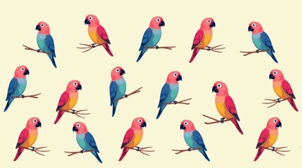 Obraz premium Vibrant parrots pattern on light background colorful animal illustration nature environment artistic viewpoint