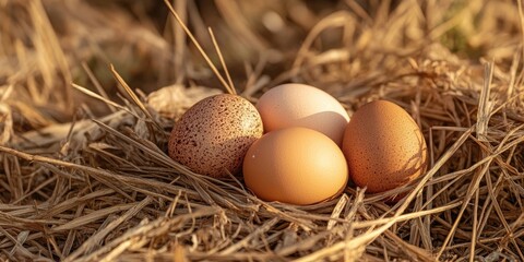 Obraz premium Fresh assortment of chicken eggs in warm earthy tones nestled in dried golden grass during soft sunlight ambiance.