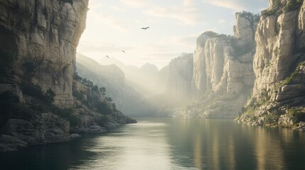 A peaceful image of the Gorges du Verdon, with the river flowing calmly through the canyon and the cliffs towering above.