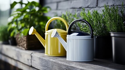 Elegant Childs colorful plastic watering can sitting next to tiny gardening tools in a backyard garden rare watering cans playful moment 