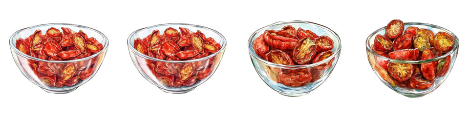 Watercolor set of sun-dried tomatoes png. Transparent glass bowl filled with sun-dried tomatoes. Concept for recipes, articles about healthy food or for creating food design.