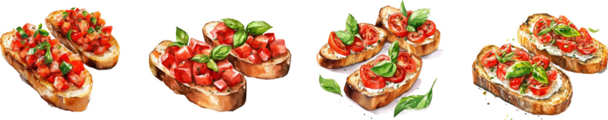 Watercolor set of bruschettas png. Toasts smeared with cream cheese and topped with slices of fresh cherry tomatoes. Toasts decorated with basil leaves and spices. Italian cuisine.