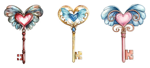 Watercolor set of fairy keys png. Three fantasy heart-shaped keys with wings and precious stones. Can be used for design, book illustrations or as a decor element.