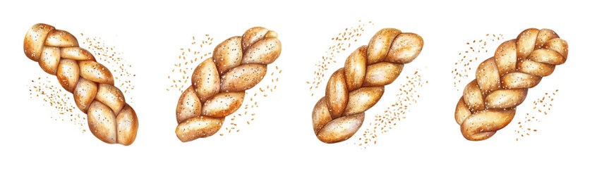 Watercolor set of bread braids with a golden crust and sprinkled with sesame seeds. Freshly baked bread braids. Watercolor bakery products. Vector illustration.