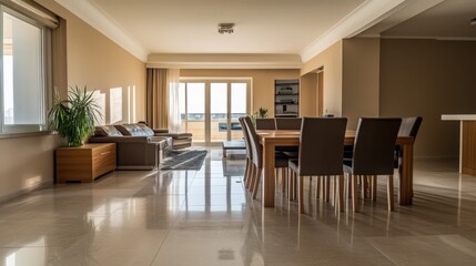 Fototapeta premium Sunlit interior view of an elegant living space with modern furniture and large windows