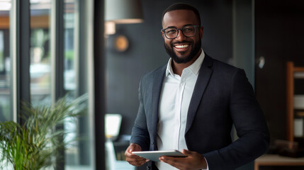 smiling african american businessman in suit confidently holding tablet in modern office setting portrait of successful black professional using technology