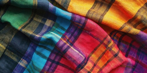 Colorful plaid cotton fabric in vibrant hues of orange blue green and red arranged diagonally creating a dynamic abstract texture design
