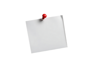 White paper sticky note with red push pin isolated on transparent background