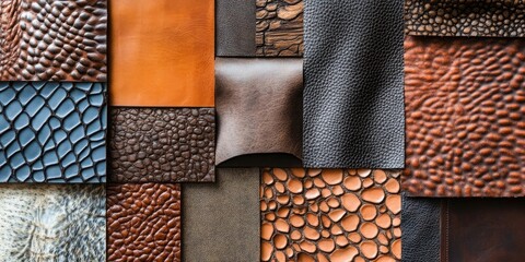 Leather sample collection showcasing diverse textures and colors arranged in a grid pattern with rich browns, tans, and blacks providing design options.