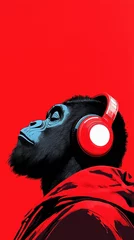 Gorilla in Hoodie with Headphones on Red Background © JFM