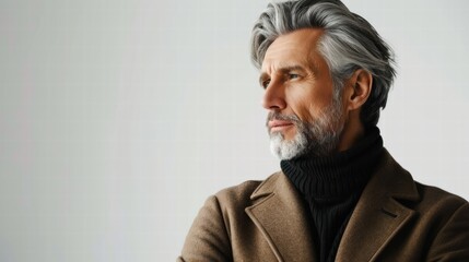 Sophisticated elderly man with silver hair posing on white background.