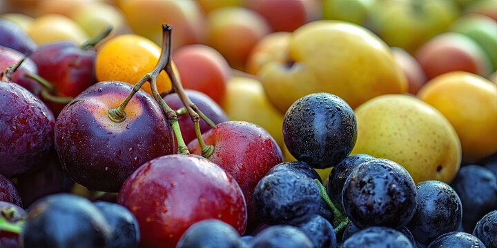 Closeup of freshly picked ripe fruits including red plums black grapes and yellow pear on wooden table with soft sunlight highlighting textures