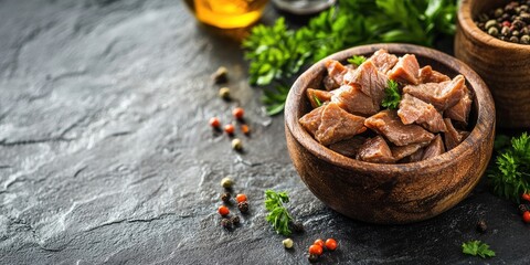 Fototapeta premium Nutritious omega-3 fish fat in wooden bowls with green herbs, black stone table background, ample copy space for healthy food branding.