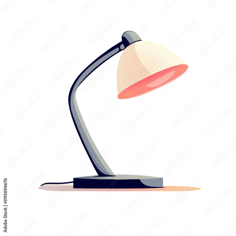 Poster A modern design desk lamp with a curved arm and a soft illuminated shade sits on a table.