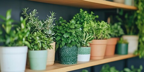 Fototapeta premium Closeup of various green potted plants on a wooden shelf with a dark background featuring shades of green and beige in multiple ceramic pots