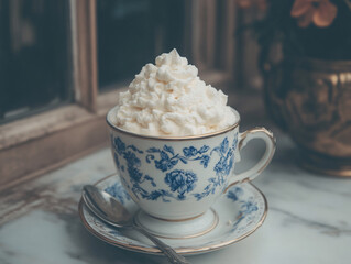  vintage-style teacup and saucer with a blue floral pattern, filled with a generous amount of whipped cream, placed on a marble surface next to a spoon. In the background