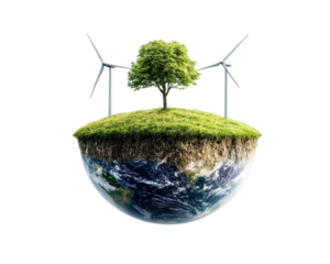 Isolated Floating Earth Island with Windmills and Tree