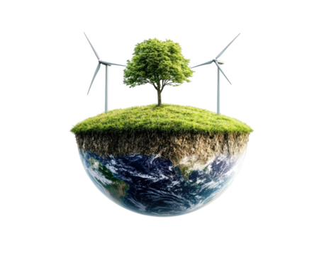 Isolated Floating Earth Island with Windmills and Tree