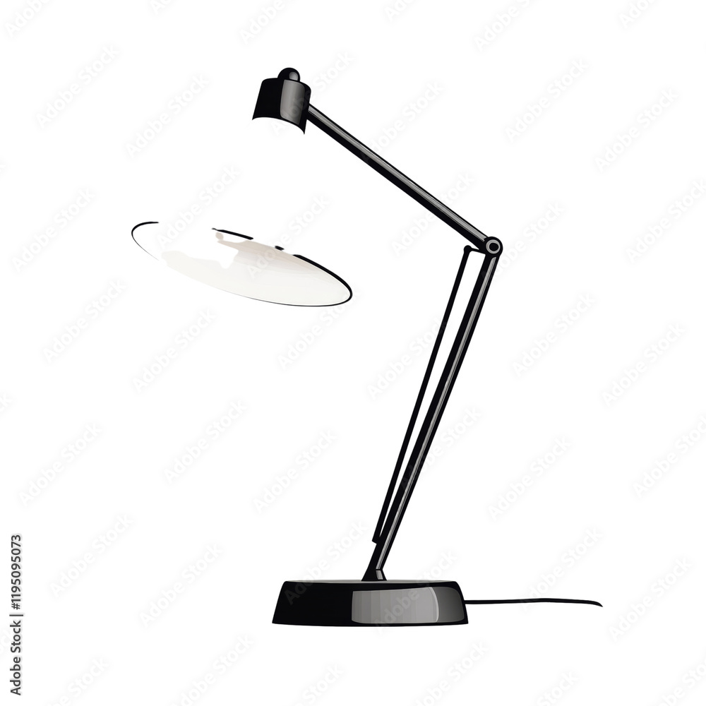 Poster a sleek black desk lamp with an adjustable arm and a simple, modern design is shown.