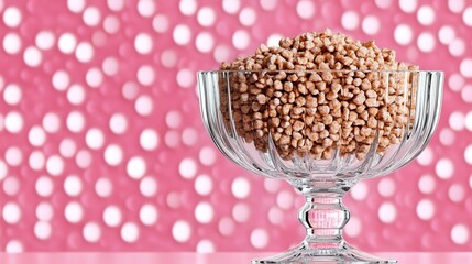 Elegant Glass bowl filled with frosted cereal flakes and chocolate curls placed under an ornate chandelier rare National Cereal Day lavish scene 