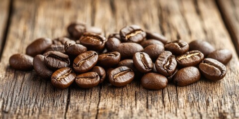 Naklejka premium Brown coffee beans scattered on a rustic wooden surface with rich textures creating a warm, inviting ambiance of natural simplicity.