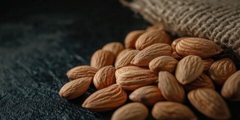 Natural raw almonds scattered on a dark textured surface with a burlap sack in the background creating a rustic breakfast ambiance.