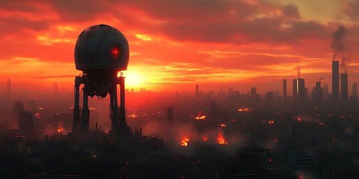Futuristic robot overlooking burning city at sunset.