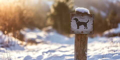 Snowy landscape with wooden post displaying dog leash sign in silhouette, warm sunlight illuminating background, snow-covered ground and trees.