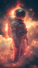 Retro Space Exploration Sci-Fi Astronaut Vibrant Sky Cosmic Surreal Landscape Illustration