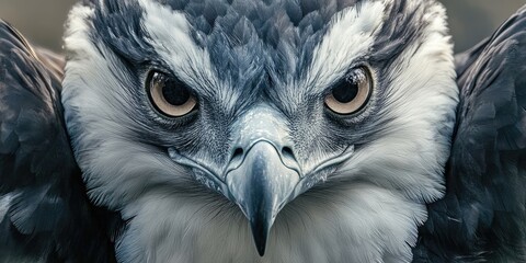 Close up portrait of a fierce harpy eagle with sharp gaze and detailed feathers, set against a soft blurred background in earthy tones.