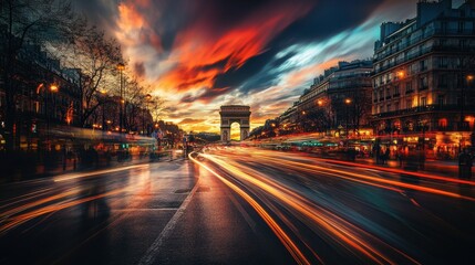 A picturesque sunset on the Champs-lyses, with vibrant lights and the historic Arc de Triomphe creating a stunning scene.