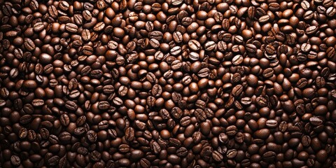 Fototapeta premium Rich dark brown coffee beans filling the frame, creating a textured and organic backdrop, perfect for culinary or beverage themes.