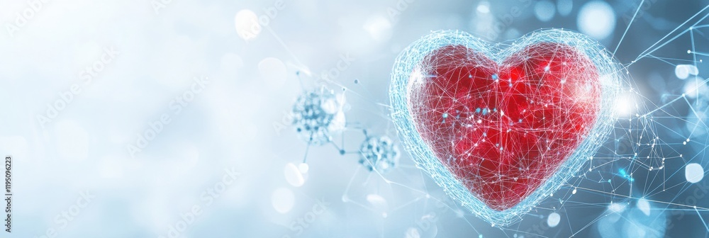 Poster glowing red heart represents love and vitality with dynamic cardiogram visualization in a digital at