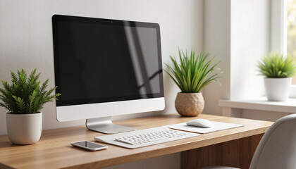 Fototapeta premium Sleek wooden office desk with desktop computer and plants, minimalist decor