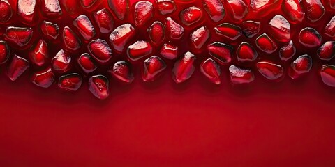 Fresh pomegranate seeds arranged atop a rich red background, highlighting their glossy texture and deep ruby color with ample empty space below