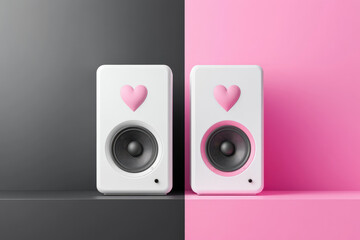 Celebrate love on valentine's day with romantic white desktop speakers in a lovely pink minimalist style against a black and white gradient background