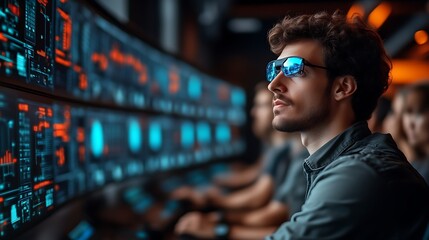 Focused young man monitoring data on large screens.