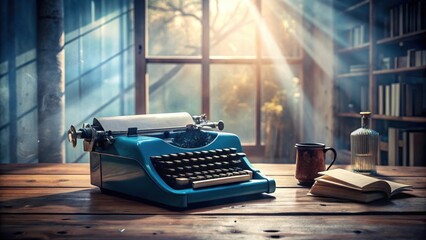 A vintage blue typewriter sits alone on a wooden desk, surrounded by scattered papers and pens,...