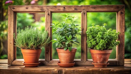 Fototapeta premium A warm kitchen window display showcasing three pots of fragrant herbs such as rosemary thyme and oregano surrounded by lush greenery in a rustic wooden frame , nature, kitchen window