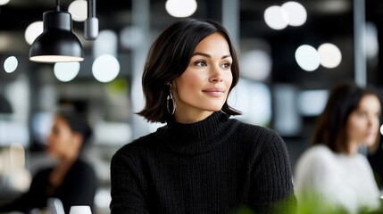 Elegant Inspirational leader in a modern tech office surrounded by diverse employees brainstorming innovative ideas rare women in leadership innovation 