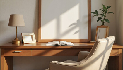 Fototapeta premium Cozy wooden office desk with family frame in warm afternoon light, comfort