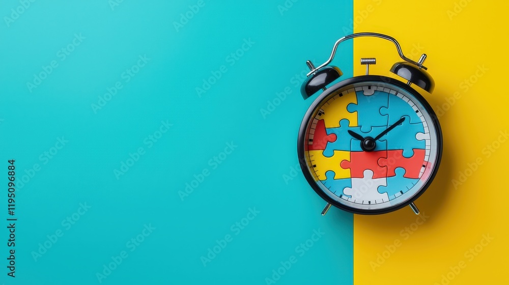 Poster clock with puzzle pieces as its numbers, symbolizing logic and timing