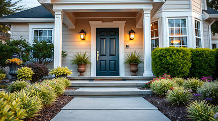 Elegant Home Exterior with Landscaped Garden and Welcoming Entrance. Beautiful Architecture and Design. Real Estate Photography
