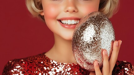 Naklejka premium Elegant Little girl holding a giant chocolate egg wrapped in shimmering foil with a joyful smile rare Easter gift excitement 