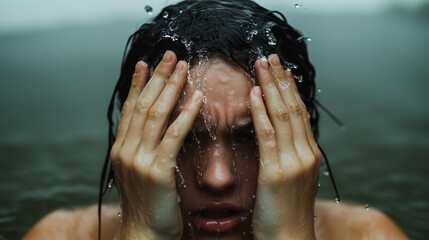 A dramatic shot of a person in an open space, pouring water onto their face with a bold expression, set against a stormy sky with heavy clouds, amplifying the emotional power of the scene.
