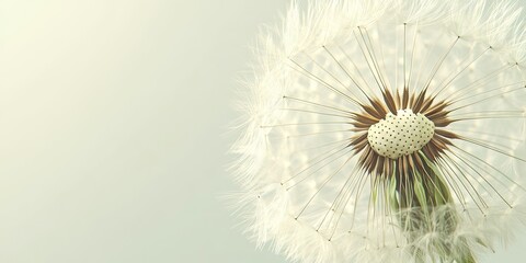Dandelion puffball closeup on a light background featuring soft white seeds and a central brown bulb, ample space for text or design elements.